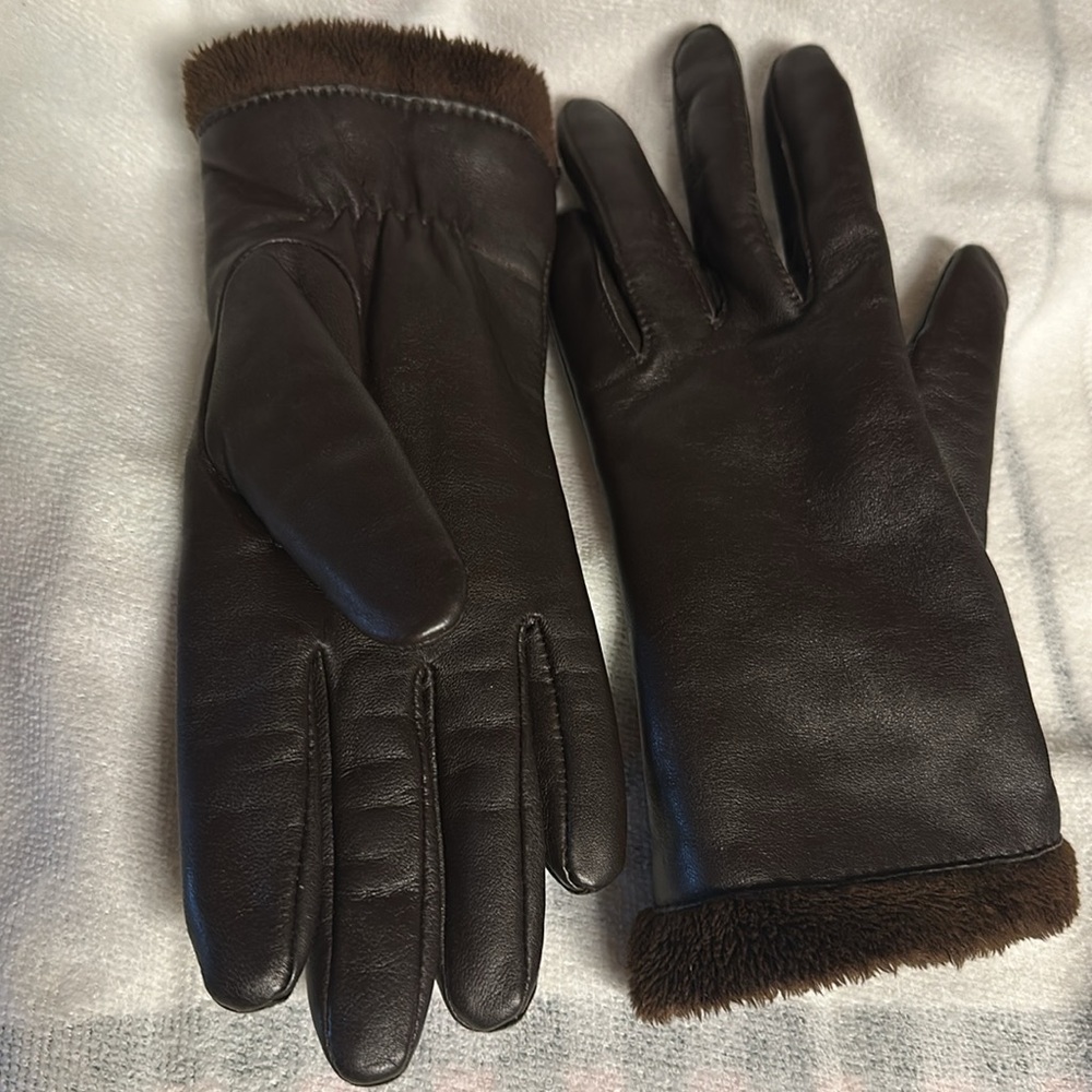 CHARTER CLUB Women’s brown LEATHER GLOVES •LINED•FAUX FUR TRIM •Large